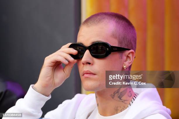 Singer Justin Bieber attends Super Bowl LVI between the Los Angeles Rams and the Cincinnati Bengals at SoFi Stadium on February 13, 2022 in...