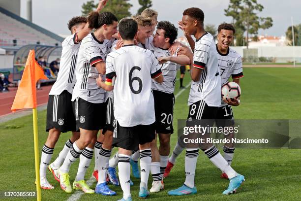 Luke Rahmann of u16 Germany in his goal celebration with team mates for the 1-0 during the UEFA Development Tournament U16 match between U16 England...