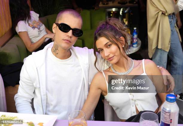 Justin Bieber and Hailey Bieber attend Super Bowl LVI at SoFi Stadium on February 13, 2022 in Inglewood, California.