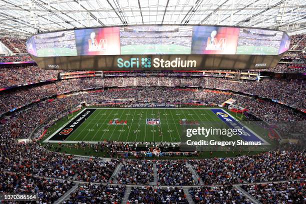 The field and jumbotron are seen before the start of Super Bowl LVI between the Los Angeles Rams and the Cincinnati Bengals at SoFi Stadium on...