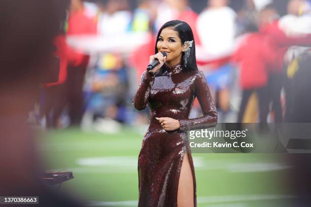 Singer Jhene Aiko performs America The Beautiful prior to Super Bowl LVI between the Los Angeles Rams and the Cincinnati Bengals at SoFi Stadium on...