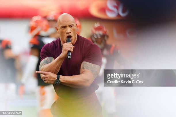 Entertainer Dwayne "The Rock" Johnson attends the Super Bowl LVI between the Los Angeles Rams and the Cincinnati Bengals at SoFi Stadium on February...