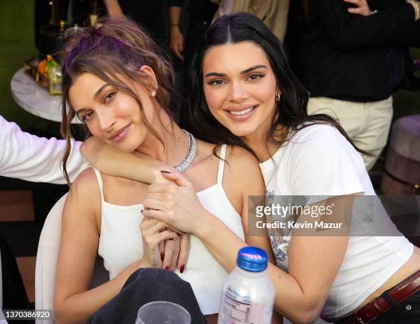 Hailey Bieber and Kendall Jenner attend Super Bowl LVI at SoFi Stadium on February 13, 2022 in Inglewood, California.