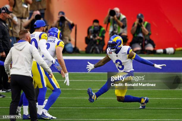 Odell Beckham Jr. #3 of the Los Angeles Rams celebrates after a touchdown against the Cincinnati Bengals during Super Bowl LVI at SoFi Stadium on...