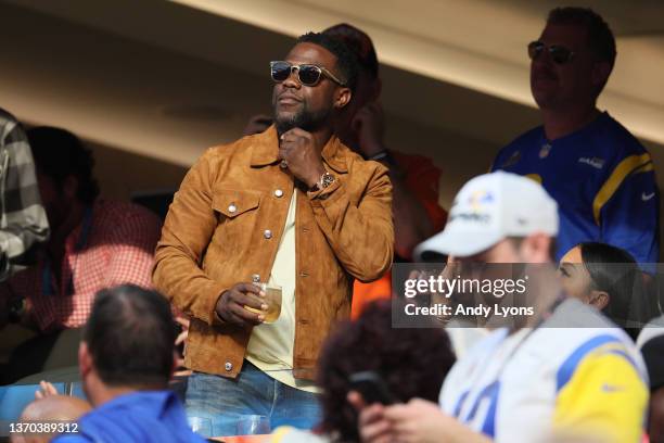 Comedian and actor Kevin Hart attends Super Bowl LVI between the Los Angeles Rams and the Cincinnati Bengals at SoFi Stadium on February 13, 2022 in...