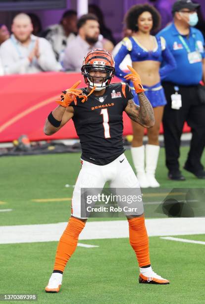 Ja'Marr Chase of the Cincinnati Bengals reacts after a catch against the Los Angeles Rams during Super Bowl LVI at SoFi Stadium on February 13, 2022...