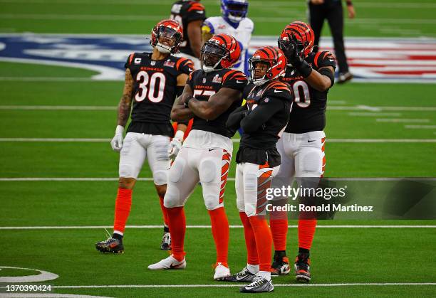 Vonn Bell of the Cincinnati Bengals celebrates a tackle during the first half of Super Bowl LVI against the Los Angeles Rams at SoFi Stadium on...