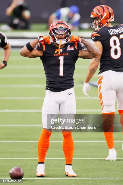 Ja'Marr Chase of the Cincinnati Bengals reacts following a catch during the second quarter of Super Bowl LVI against the Los Angeles Rams at SoFi...