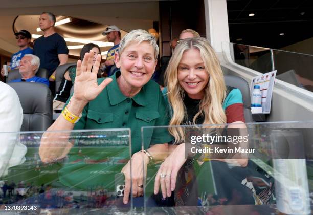 Ellen DeGeneres and Portia de Rossi attend Super Bowl LVI at SoFi Stadium on February 13, 2022 in Inglewood, California.