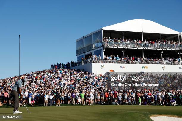 Sahith Theegala of the United States putts on the 18th hole during the final round of the WM Phoenix Open at TPC Scottsdale on February 13, 2022 in...