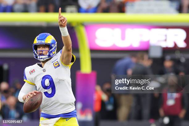 Matthew Stafford of the Los Angeles Rams reacts during the second quarter of Super Bowl LVI against the Cincinnati Bengals at SoFi Stadium on...