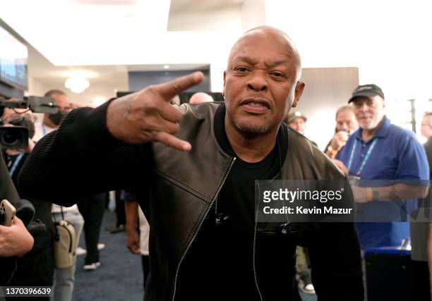 Dr. Dre poses backstage before the Pepsi Super Bowl LVI Halftime Show at SoFi Stadium on February 13, 2022 in Inglewood, California.