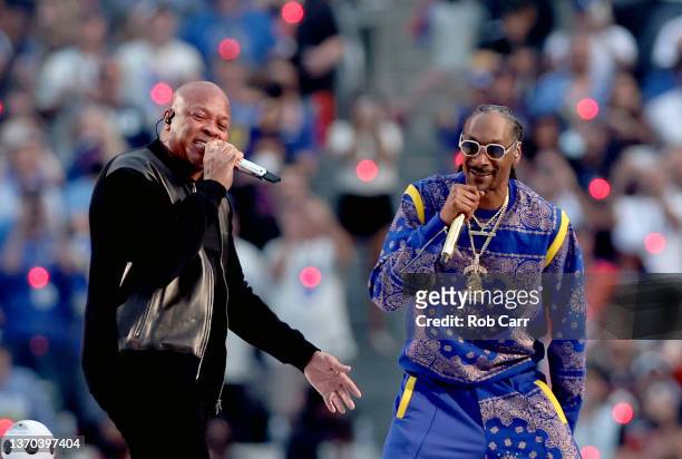 Dr. Dre and Snoop Dogg perform during the Pepsi Super Bowl LVI Halftime Show at SoFi Stadium on February 13, 2022 in Inglewood, California.