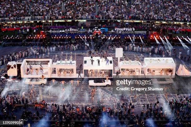 Eminem, Kendrick Lamar, Dr. Dre, Mary J. Blige, 50 Cent, and Snoop Dogg perform during the Pepsi Super Bowl LVI Halftime Show at SoFi Stadium on...