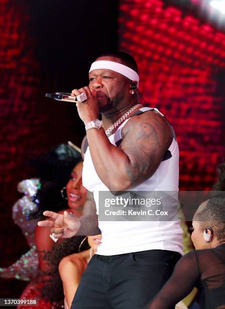 Cent performs during the Pepsi Super Bowl LVI Halftime Show at SoFi Stadium on February 13, 2022 in Inglewood, California.