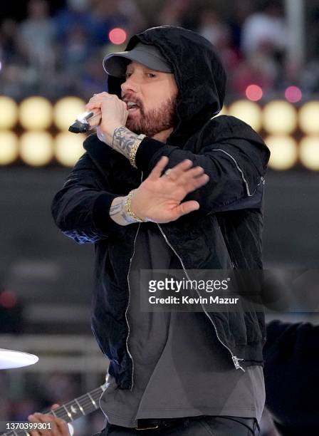 Eminem performs onstage during the Pepsi Super Bowl LVI Halftime Show at SoFi Stadium on February 13, 2022 in Inglewood, California.