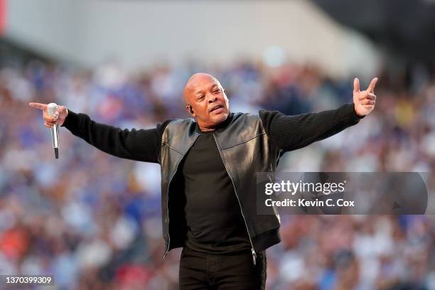 Dr. Dre performs during the Pepsi Super Bowl LVI Halftime Show at SoFi Stadium on February 13, 2022 in Inglewood, California.