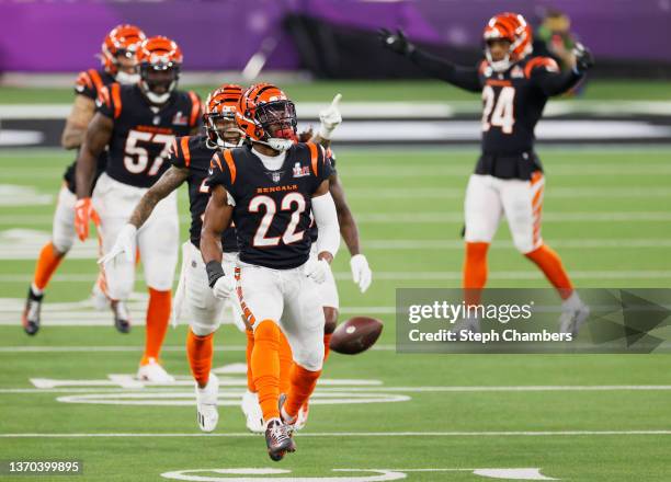 Chidobe Awuzie of the Cincinnati Bengals rects after getting an interception in the third quarter of the game against the Los Angeles Rams during...