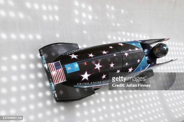 Elana Meyers Taylor of Team United States slides during the Women's Monobob Bobsleigh Heat 3 on day 10 of Beijing 2022 Winter Olympic Games at...