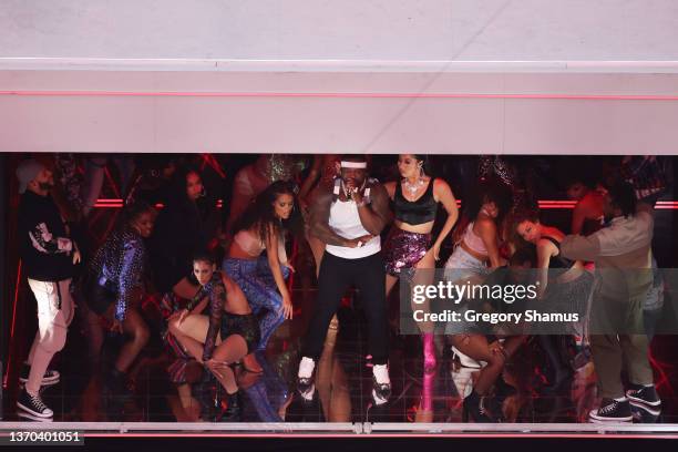 Cent performs during the Pepsi Super Bowl LVI Halftime Show at SoFi Stadium on February 13, 2022 in Inglewood, California.