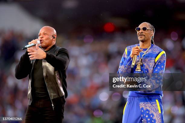 Dr. Dre and Snoop Dogg perform during the Pepsi Super Bowl LVI Halftime Show at SoFi Stadium on February 13, 2022 in Inglewood, California.