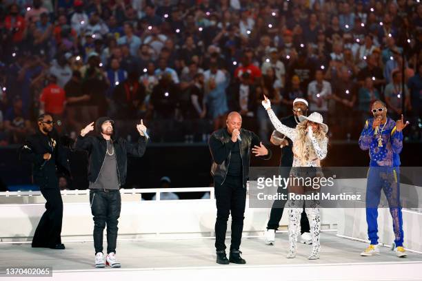 Kendrick Lamar, Eminem, Dr. Dre, 50 Cent, Mary J. Blige, and Snoop Dogg perform during the Pepsi Super Bowl LVI Halftime Show at SoFi Stadium on...