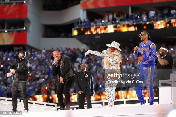 Eminem, Dr. Dre, Kendrick Lamar, Mary J. Blige, Snoop Dogg, and 50 Cent perform during the Pepsi Super Bowl LVI Halftime Show at SoFi Stadium on...
