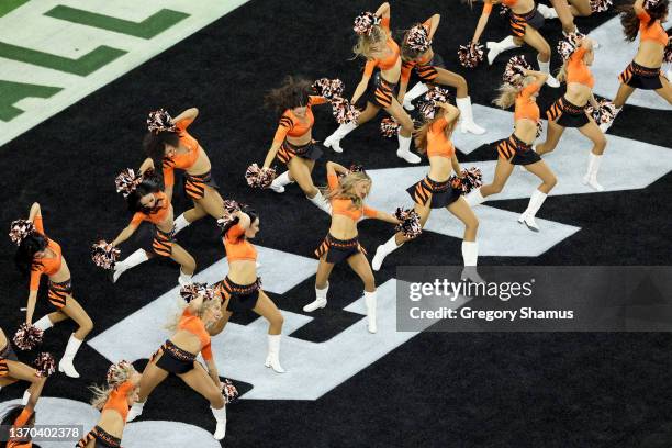 Cincinnati Bengals cheerleaders perform in the end zone during Super Bowl LVI against the Los Angeles Rams at SoFi Stadium on February 13, 2022 in...