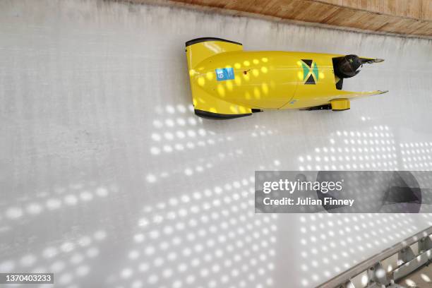Jazmine Fenlator-Victorian of Team Jamaica slides during the Women's Monobob Bobsleigh Heat 3 on day 10 of Beijing 2022 Winter Olympic Games at...