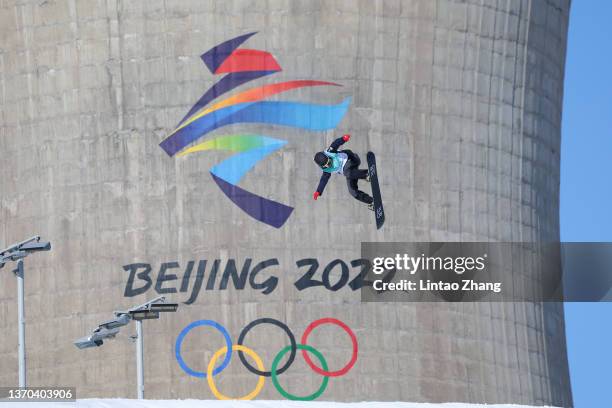 Katie Ormerod of Team Great Britain performs a trick during the Women's Snowboard Big Air Qualification on Day 10 of the Beijing 2022 Winter Olympics...