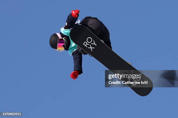 Katie Ormerod of Team Great Britain performs a trick during the Women's Snowboard Big Air Qualification on Day 10 of the Beijing 2022 Winter Olympics...