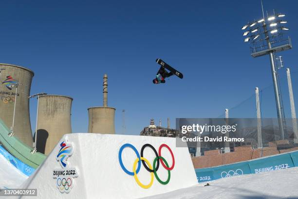 Katie Ormerod of Team Great Britain performs a trick during the Women's Snowboard Big Air Qualification on Day 10 of the Beijing 2022 Winter Olympics...