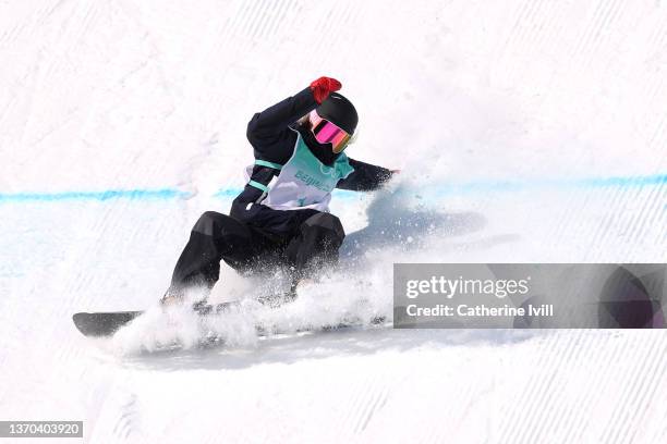 Katie Ormerod of Team Great Britain falls on landing during the Women's Snowboard Big Air Qualification on Day 10 of the Beijing 2022 Winter Olympics...