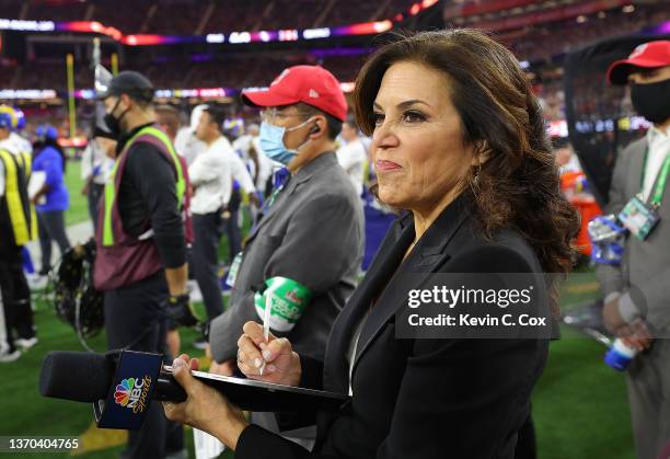 Commentator Michele Tafoya looks on during Super Bowl LVI between the Los Angeles Rams and the Cincinnati Bengals at SoFi Stadium on February 13,...