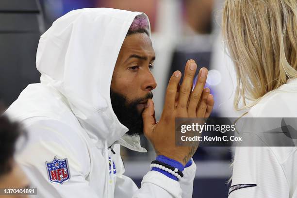 Odell Beckham Jr. #3 of the Los Angeles Rams looks on from the bench area in the fourth quarter against the Cincinnati Bengals during Super Bowl LVI...