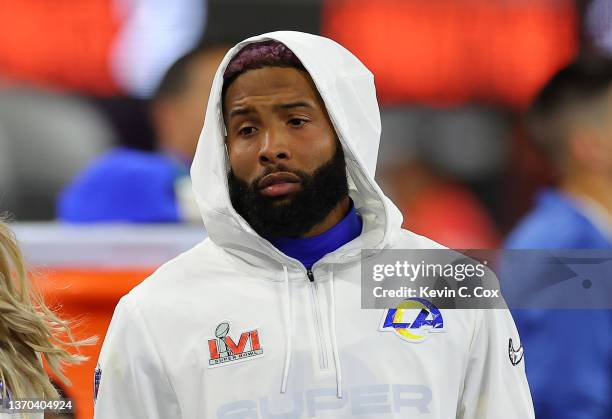 Odell Beckham Jr. #3 of the Los Angeles Rams looks on from the bench area in the fourth quarter against the Cincinnati Bengals during Super Bowl LVI...