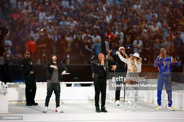 Kendrick Lamar, Eminem, Dr. Dre, 50 Cent, Mary J. Blige, and Snoop Dogg perform during the Pepsi Super Bowl LVI Halftime Show at SoFi Stadium on...