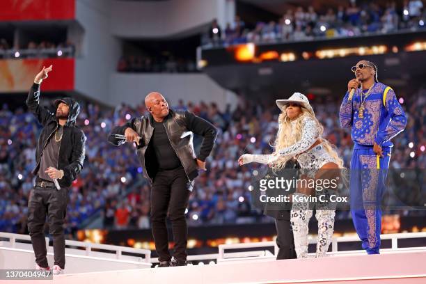 Eminem, Dr. Dre, Mary J. Blige, and Snoop Dogg perform during the Pepsi Super Bowl LVI Halftime Show at SoFi Stadium on February 13, 2022 in...