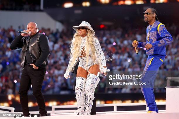 Dr. Dre, Mary J. Blige, and Snoop Dogg perform during the Pepsi Super Bowl LVI Halftime Show at SoFi Stadium on February 13, 2022 in Inglewood,...