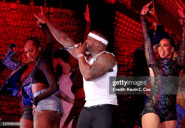 Cent performs during the Pepsi Super Bowl LVI Halftime Show at SoFi Stadium on February 13, 2022 in Inglewood, California.