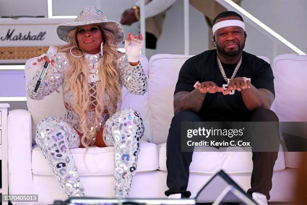 Mary J. Blige and 50 Cent perform during the Pepsi Super Bowl LVI Halftime Show at SoFi Stadium on February 13, 2022 in Inglewood, California.