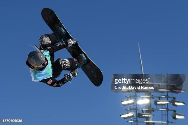 Jamie Anderson of Team United States performs a trick during the Women's Snowboard Big Air Qualification on Day 10 of the Beijing 2022 Winter...
