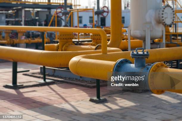 pipeline and valve of chemical plant - oleodotto foto e immagini stock