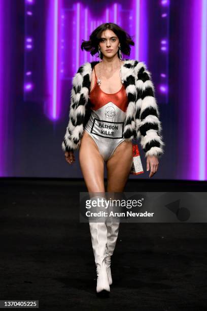 Xwalks the runway during House Of Mua Mua At New York Fashion Week Powered By Art Hearts Fashion at The Ziegfeld Ballroom on February 13, 2022 in New...