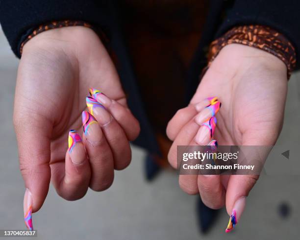 Guest displays graphic, Pucci-inspired nail art at Spring Studios at New York Fashion Week: The Shows on February 13, 2022 in New York City.