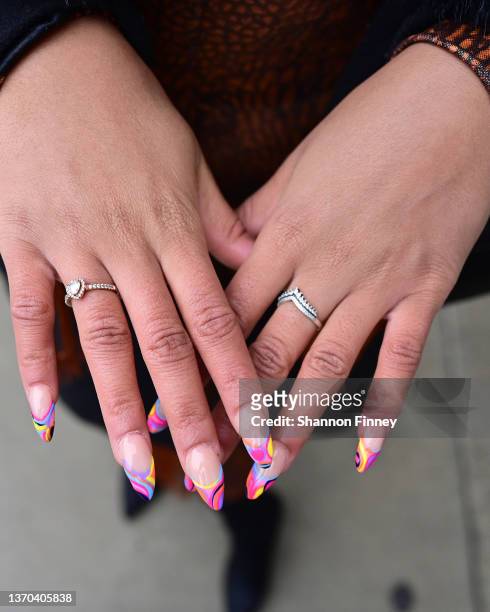 Guest displays graphic, Pucci-inspired nail art at Spring Studios at New York Fashion Week: The Shows on February 13, 2022 in New York City.