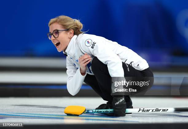 Galina Arsenkina of Team ROC competes during the Women’s Curling Round Robin Session against Team Canada on Day 10 of the Beijing 2022 Winter Olympic...