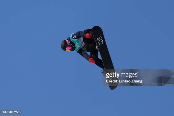 Katie Ormerod of Team Great Britain performs a trick during the Women's Snowboard Big Air Qualification on Day 10 of the Beijing 2022 Winter Olympics...