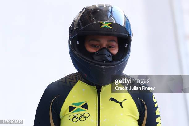 Jazmine Fenlator-Victorian of Team Jamaica reacts during the Women's Monobob Bobsleigh Heat 4 on day 10 of Beijing 2022 Winter Olympic Games at...
