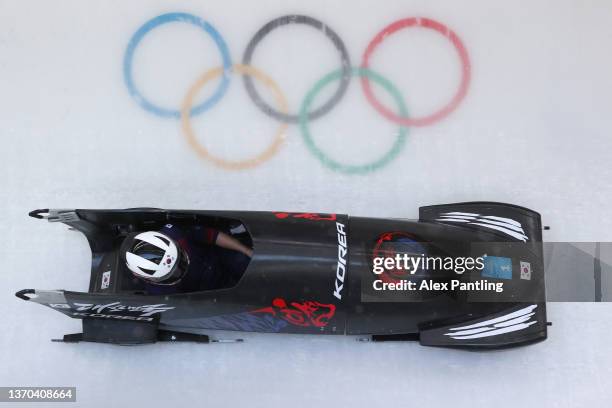 Yooran Kim of Team South Korea slides during the Women's Monobob Bobsleigh Heat 4 on day 10 of Beijing 2022 Winter Olympic Games at National Sliding...